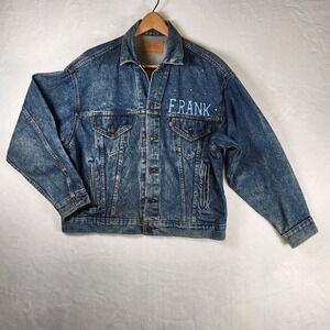 Vtg Levi's 70506 USA Denim Trucker Jacket L Roving‎ Rider Cowboy Graphic 80s